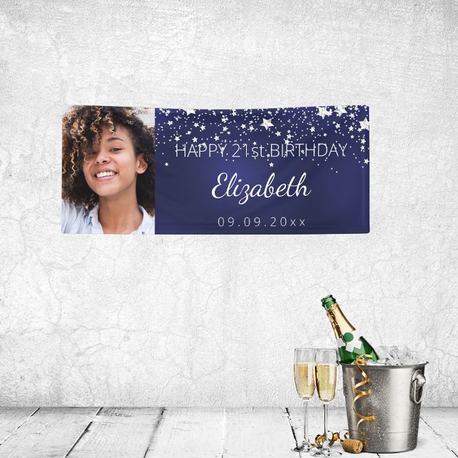 Birthday custom photo blue silver stars banner (Creator Uploaded)