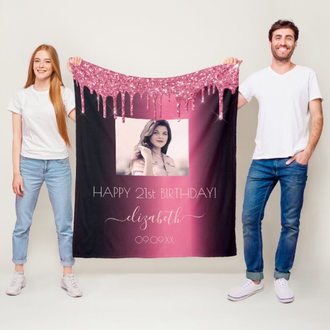 Birthday custom photo burgundy glitter pink girl fleece blanket (In Situ)