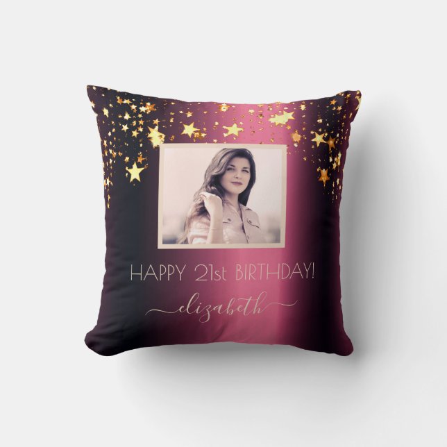 Birthday custom photo burgundy gold stars pink cushion (Front)