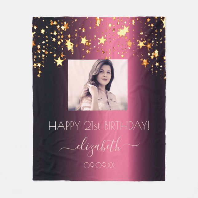 Birthday custom photo burgundy gold stars pink fleece blanket (Front)