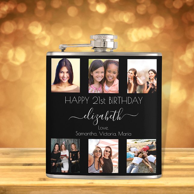Birthday custom photo collage black white friends hip flask (Creator Uploaded)