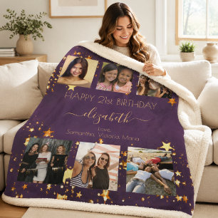 Birthday custom photo collage purple gold friends sherpa blanket