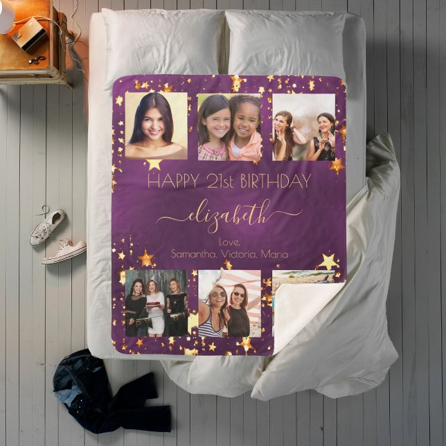 Birthday custom photo collage purple gold friends sherpa blanket (Creator Uploaded)