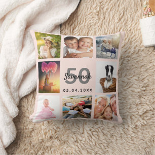 Birthday custom photo collage rose gold blush pink cushion