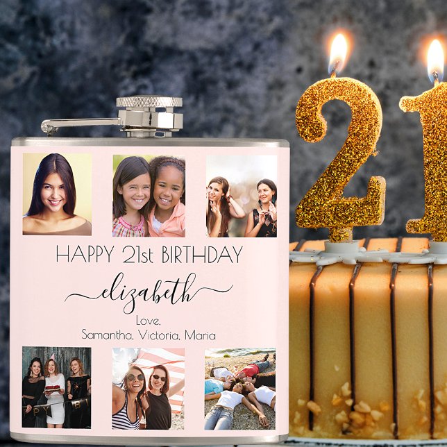 Birthday custom photo collage rose gold friend hip flask (Creator Uploaded)