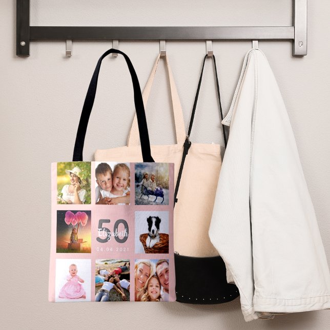 Birthday custom photo collage woman rose gold pink tote bag (Creator Uploaded)
