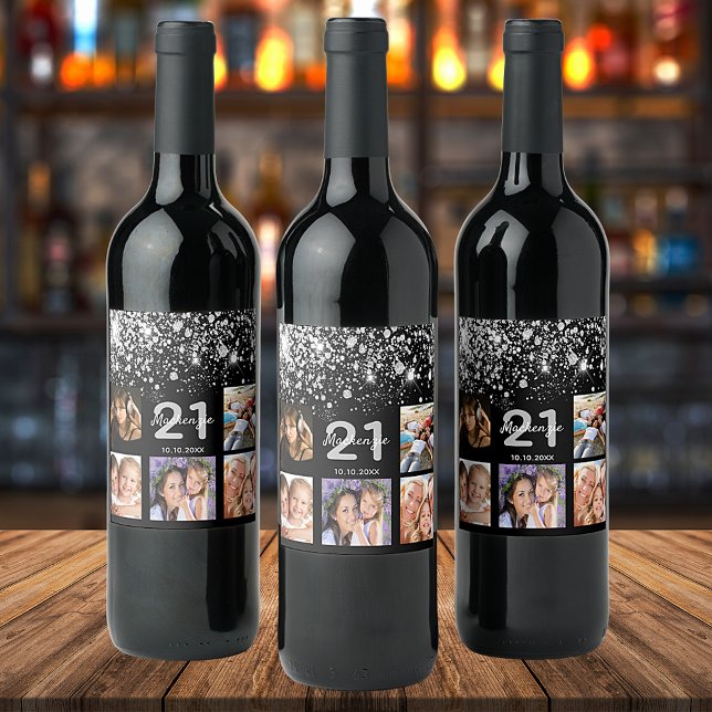 Birthday custom photo glitter black silver name wine label (Creator Uploaded)
