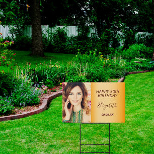 Birthday custom photo gold female drive-by garden sign