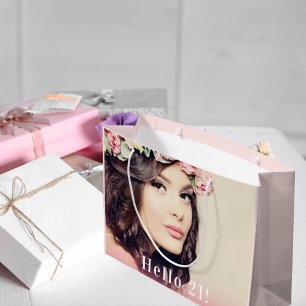 Birthday custom photo hello 21 rose gold large gift bag