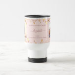 Birthday custom photo rose gold friends luxury travel mug<br><div class="desc">A gift from friends for a woman's 21st (or any age) birthday. Personalise and 2 of your own photos, her name, age 21 and your names. Dark rose gold text. A chic, feminine rose gold, pink background colour. Her name is written with a modern hand lettered style script with swashes....</div>