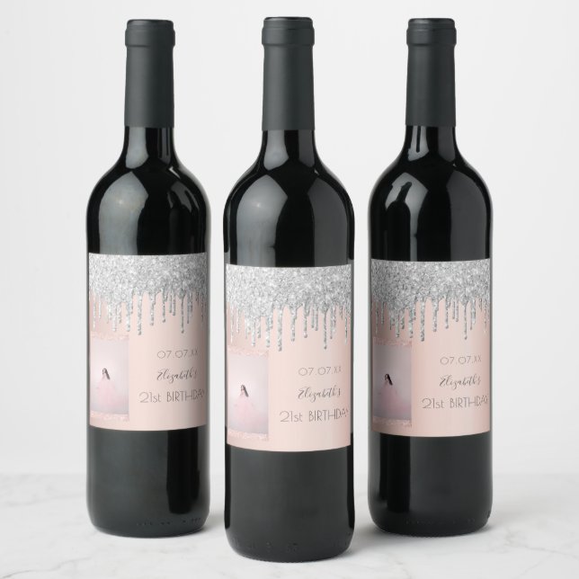 Birthday custom photo rose gold glitter silver wine label (Bottles)