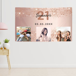 Birthday custom photo rose gold glitter welcome banner