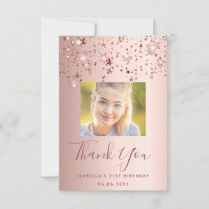 Birthday custom photo rose gold pink stars glam thank you card