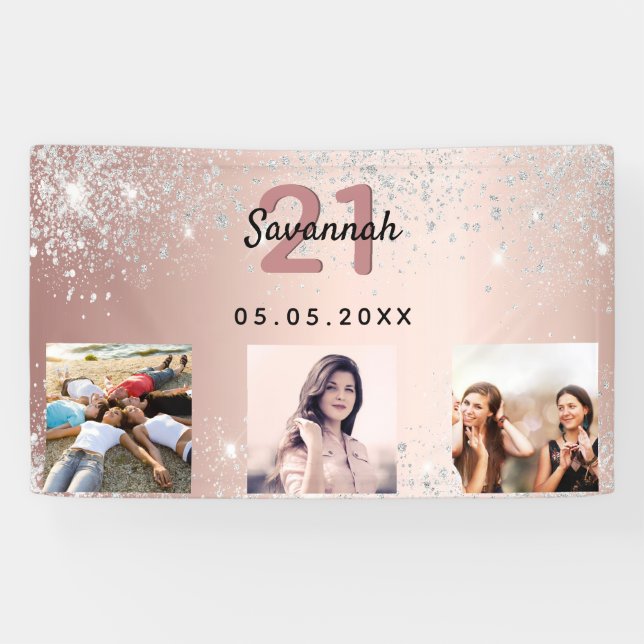 Birthday custom photo rose gold silver glitter banner (Horizontal)