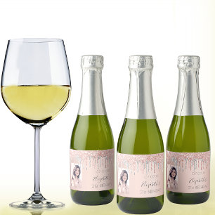 Birthday custom photo rose gold silver sparkling wine label