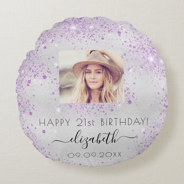 Birthday custom photo silver glitter name round cushion (Front)