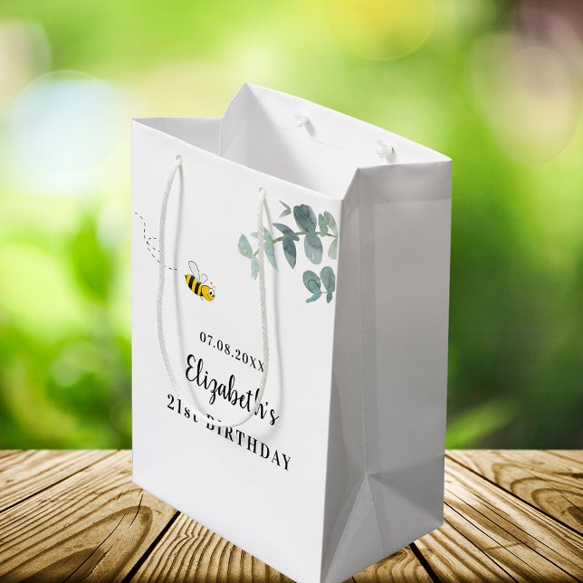 Birthday cute bee monogram eucalyptus greenery medium gift bag (Creator Uploaded)