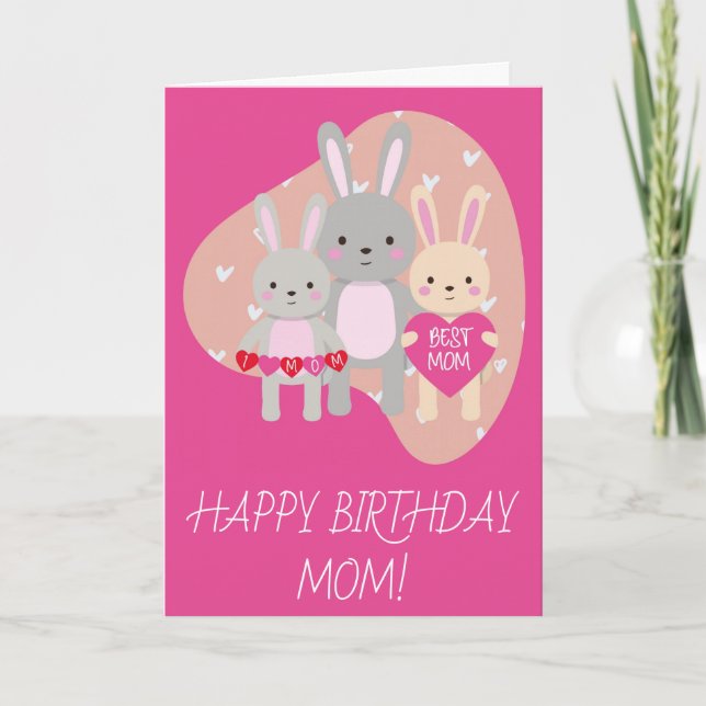 Birthday Cute Best Mum Bunny Rabbit Pink Hearts Card (Front)