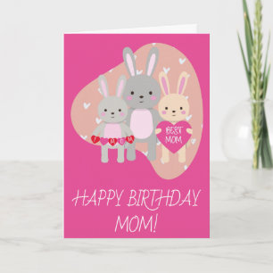Birthday Cute Best Mum Bunny Rabbit Pink Hearts Card