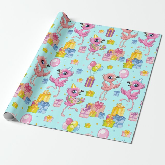 Birthday cute cartoon flamingo  wrapping paper (Unrolled)
