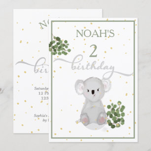 Birthday Cute Koala Green Leaves Gold Invitation