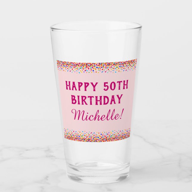 Birthday Cute Pink Colourful Confetti Pint Glass (Front)