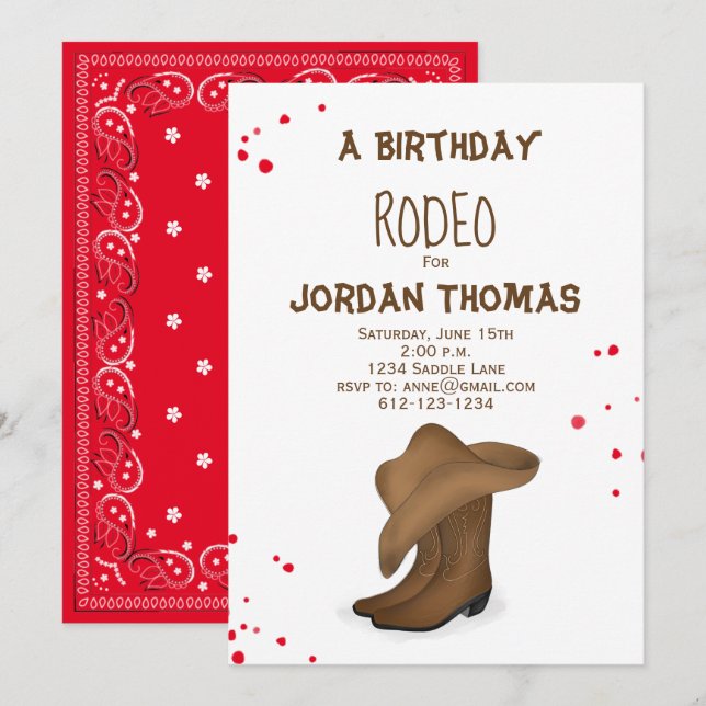 Birthday Cute Red Bandanna Cowboy Hat and Boots Invitation (Front/Back)