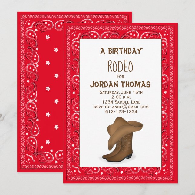 Birthday Cute Red Bandanna Cowboy Hat and Boots Invitation (Front/Back)