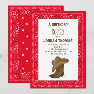 Birthday Cute Red Bandanna Cowboy Hat and Boots Invitation