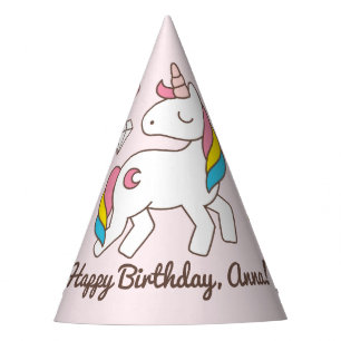 Birthday. Cute Unicorn with Cute Diamonds Add Name Party Hat
