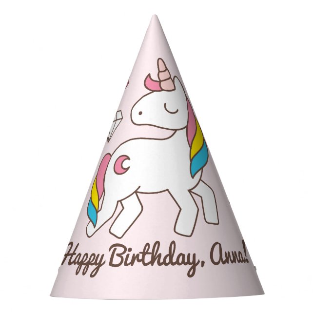 Birthday. Cute Unicorn with Cute Diamonds Add Name Party Hat (Front)