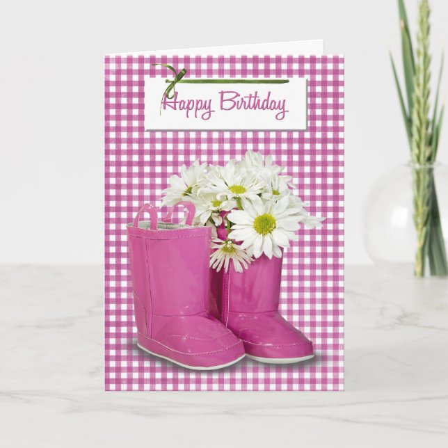 Birthday Daises in Pink Boots Card (Front)
