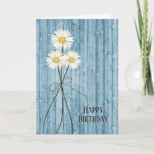 Birthday Daisies On Blue Wood Card