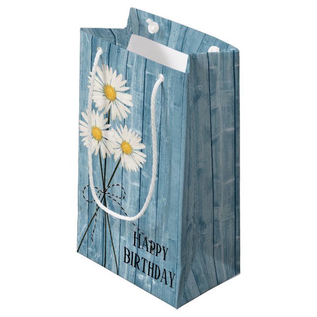 Birthday Daisies On Blue Wood Small Gift Bag (Front Angled)