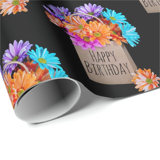 Birthday Daisy Bouquet On Black Wrapping Paper (Roll Corner)