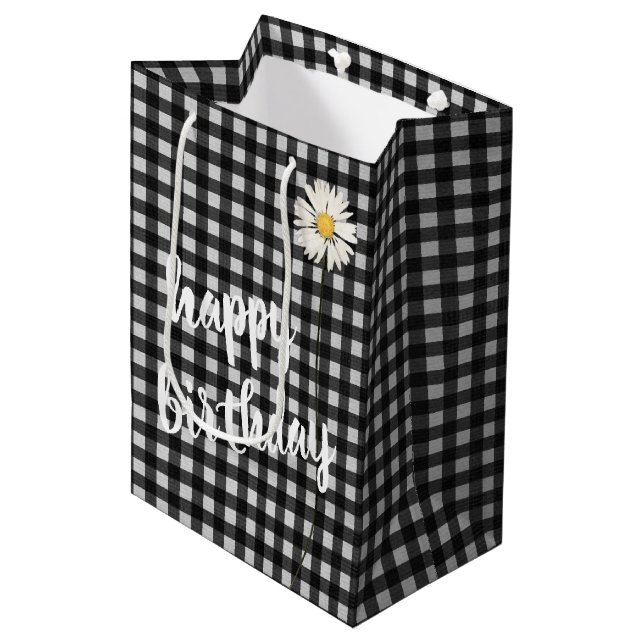 Birthday Daisy On Black and White Gingham  Medium Gift Bag (Front Angled)
