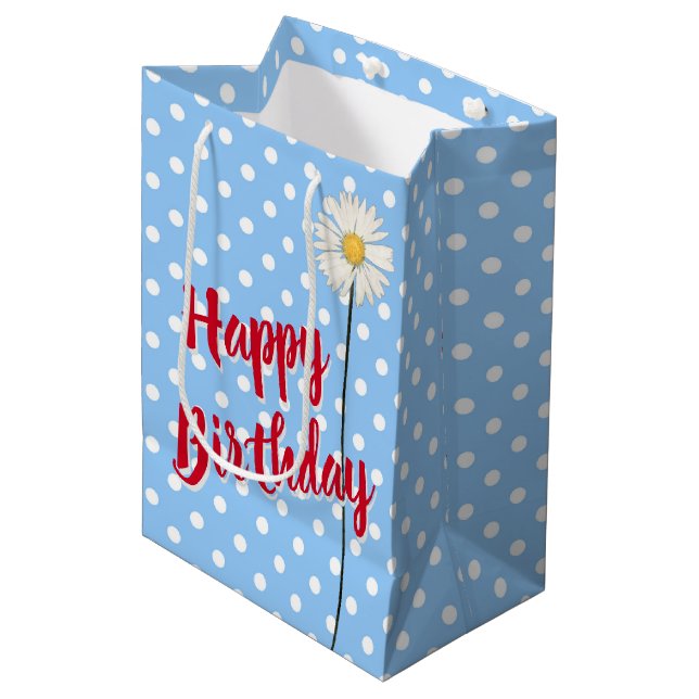 Birthday Daisy On Polka Dots Medium Gift Bag (Front Angled)