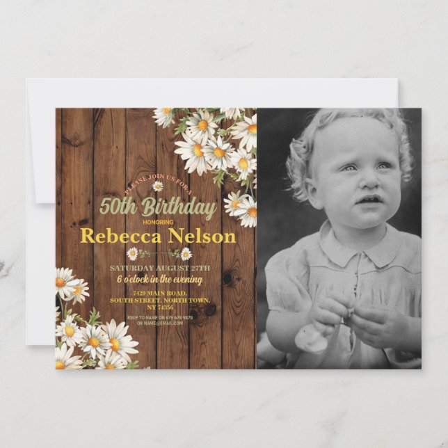 Birthday Daisy Party Invite Floral Wood Photo (Front)