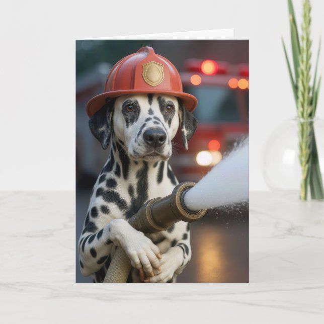 Birthday Dalmatian Dog Holding a Fire Hose Card (Front)