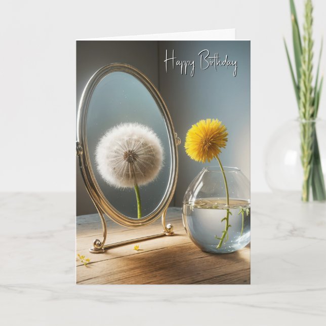 Birthday Dandelion Reflection In a Mirror Card (Front)