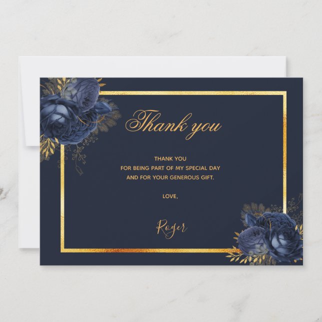 Birthday dark blue gold photo men guy thank you card (Front)