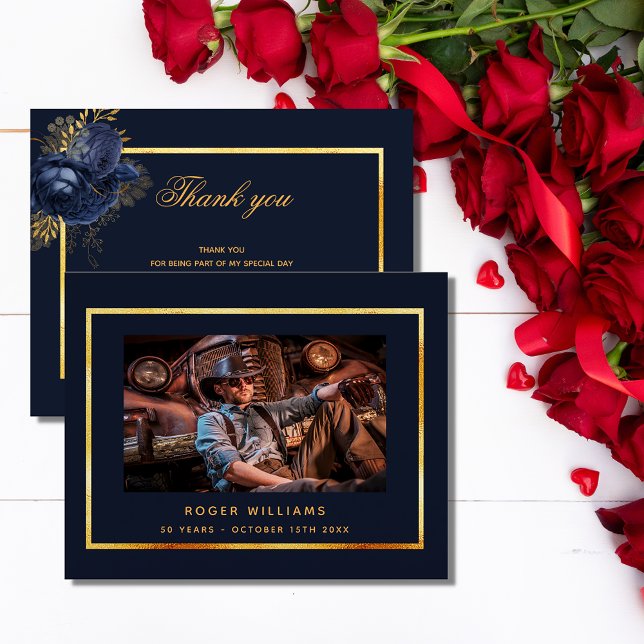 Birthday dark blue gold photo men guy thank you card (Creator Uploaded)