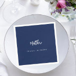 Birthday dark blue white script minimalist napkin<br><div class="desc">For a 50th (or any age) birthday party.  A dark blue background. Add your name,  age,   date. The name is written with a modern hand lettered style script.  White text.</div>