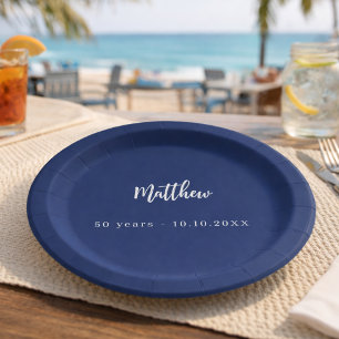 Birthday dark blue white script minimalist paper plate