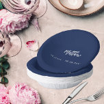 Birthday dark blue white script minimalist paper plate<br><div class="desc">For a 50th (or any age) birthday party.  A dark blue background. Add your name,  age,  date. The name is written with a modern hand lettered style script.  White text.</div>