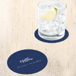 Birthday dark blue white script minimalist round paper coaster<br><div class="desc">For a 50th (or any age) birthday party.  A dark blue background. Add your name,  age,  date. The name is written with a modern hand lettered style script.  White text.</div>