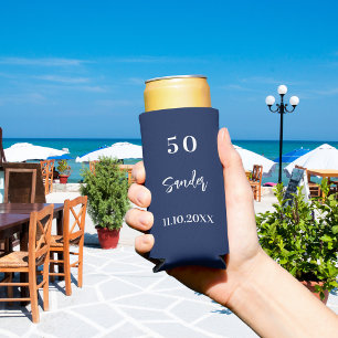 Birthday dark blue white script minimalist seltzer can cooler