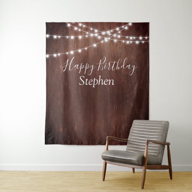BIrthday Dark Rustic String Lights Wood Custom Tapestry (In Situ)