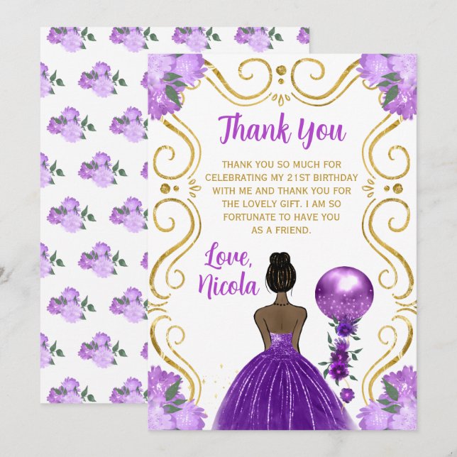Birthday Dark Skin Princess Purple Happy Birthday Thank You Card (Front/Back)