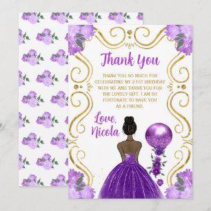Birthday Dark Skin Princess Purple Happy Birthday Thank You Card